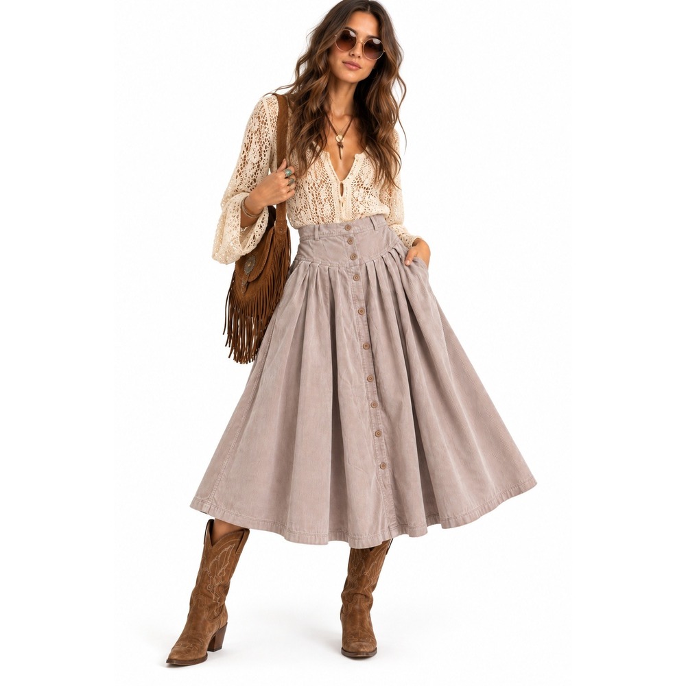 Vintage 70s Corduroy Button Front Midi Skirt sz Small Pleated Yoke Western